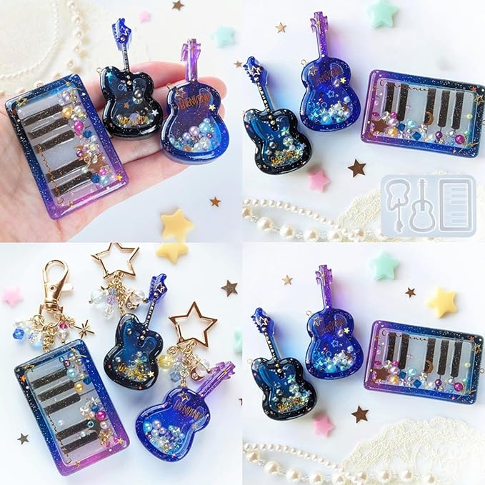 Resin Shaker Molds Set Music Keychain Charm Pack of 8 Silicone Trays Seal Films Precision Tip Applicator Bottle Kits Bundle