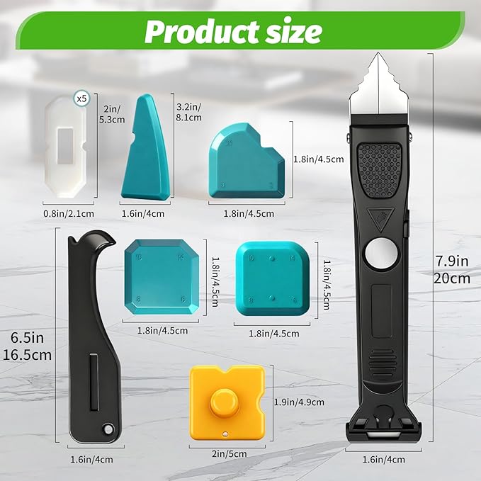 Caulking Tool 6 in 1 Sealant Finishing Tool & Grout Remover Scraper with 6 Silicone Pads, Sealant Removal and Trimming Tool with Squeegee for Bathroom, Window, Door, Kitchen