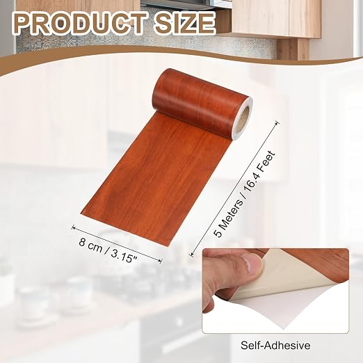 uxcell Wood Tape, 3 Inch x 16ft Self-Adhesive Wood Grain Repair Tape Patch with Plastic Scraper for Baseboards, Doors, Windows, Floor Repair and Furniture Renovation, Red