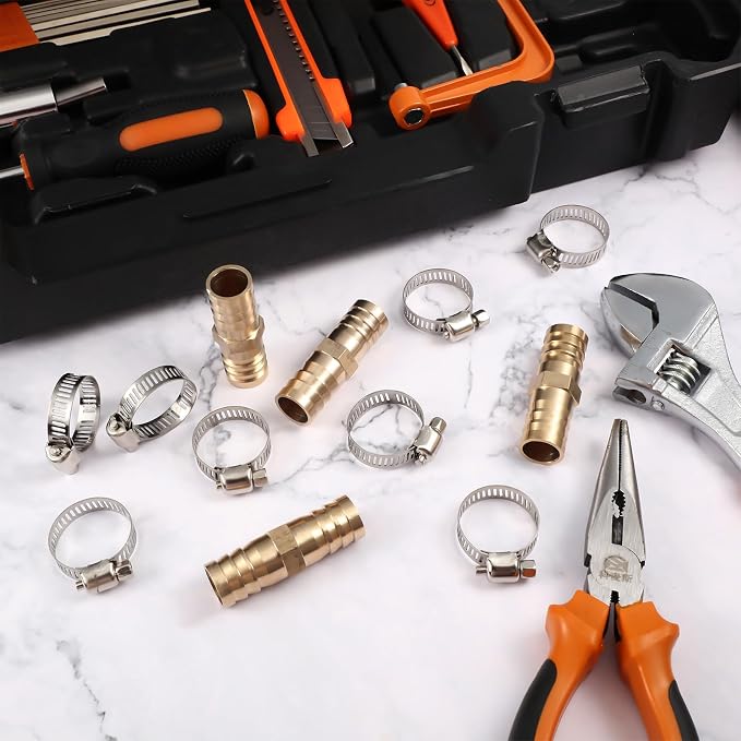 Zhengmy 12 Pcs 3/8-1/2 Inch Hose Repair Kit Brass Barb Fitting Garden Water Hose Repair Connectors with Claps Fiting with 8 Pcs Stainless Steel Pipe Clamp for Fuel Air