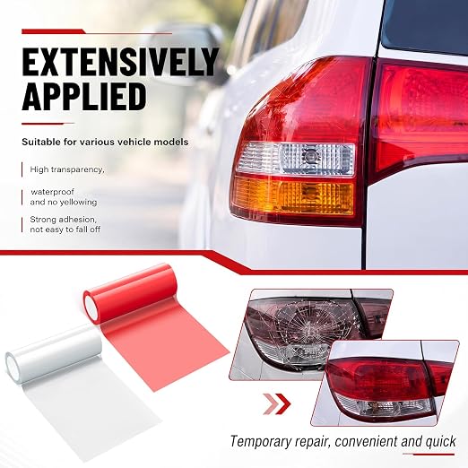 Patelai 2 Rolls 13.12 ft X 3.74 Inches Self Adhesive Repair Light Tape Auto Tail Light Fog Lights Headlight Lens Tint Tape (Red, Clear)