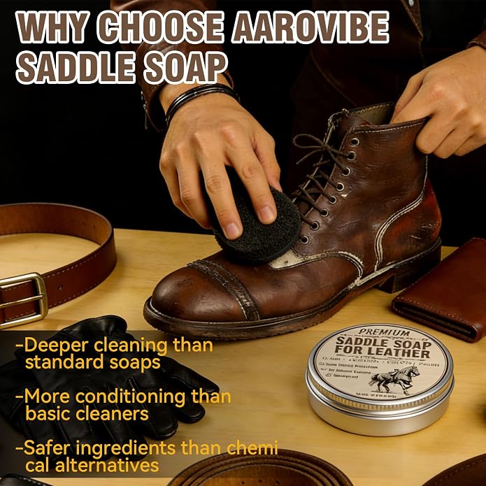 Leather Care for Leather Boots, All-Natural Leather Cleaner and Conditioner | Cleans, Restores, Softens and Protects Boots, Shoes, Bags, Jackets & Furniture, 4.23 Oz Saddle Soap with Sponge