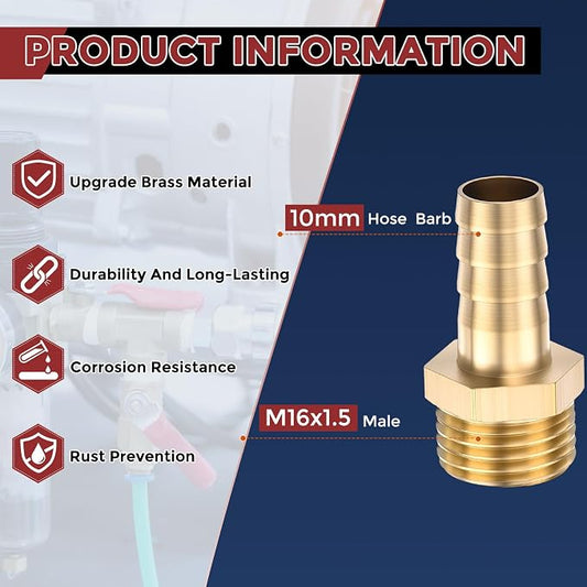 Pack of 2 Brass Hose Barb Fittings Adapter Connector 10mm Hose Barb to M16x1.5 Male Fittings for Home Machines, Massage Bathtubs, and Irrigation Systems