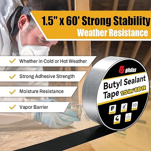 Bghdas - 1 Pack Butyl Sealant Tape 1 1/2" X 60' - Double Sided - Black Vapor Barrier Butyl Tape for Wall of Crawl Space, Rv Windows, Deck Boat, Crawlspace (Waterproof, Weatherproof)