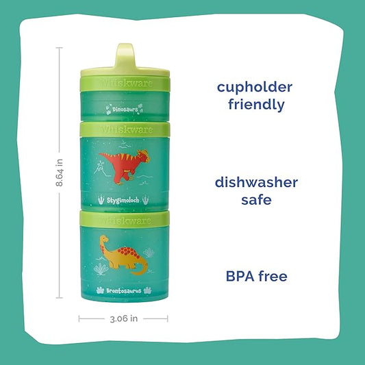 Whiskware Dinosaur Stackable Snack Containers for Kids and Toddlers, 3 Stackable Snack Cups for School and Travel, Green/Blue