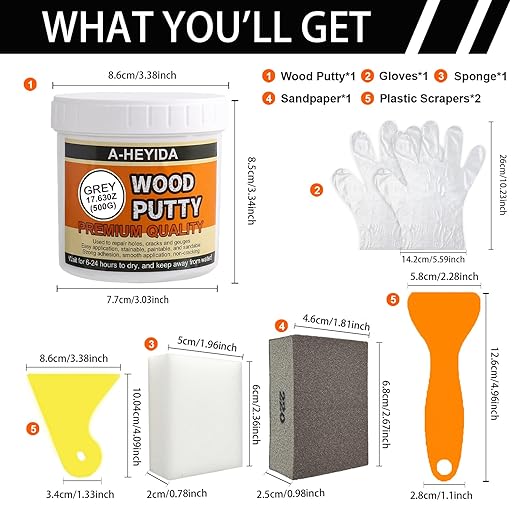 Gray Wood Filler Repair Kit - Paintable, Stainable Wood Putty for Restore Cracks and Holes on Wooden Floor Furniture, Vinyl, Laminate, Veneer, Cabinet