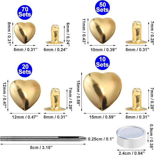 YORANYO 150 Sets Leather Rivets Kit Mixed Sizes Rivets for Leather Heart Studs for Clothing Fabric Gold Color Rivets with Leather Crafting Rivet Tool for Repair Decorate Jackets Shoes Bags Belts Purse