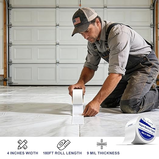 Vapor Barrier Tape - 4" x 180' Roll, Crawl Space Vapor Barrier, White Polyethylene Moisture Barrier Tape, Waterproof Seal & Seam Tape for Underlayment, Insulation & Plastic Liners(2Roll)