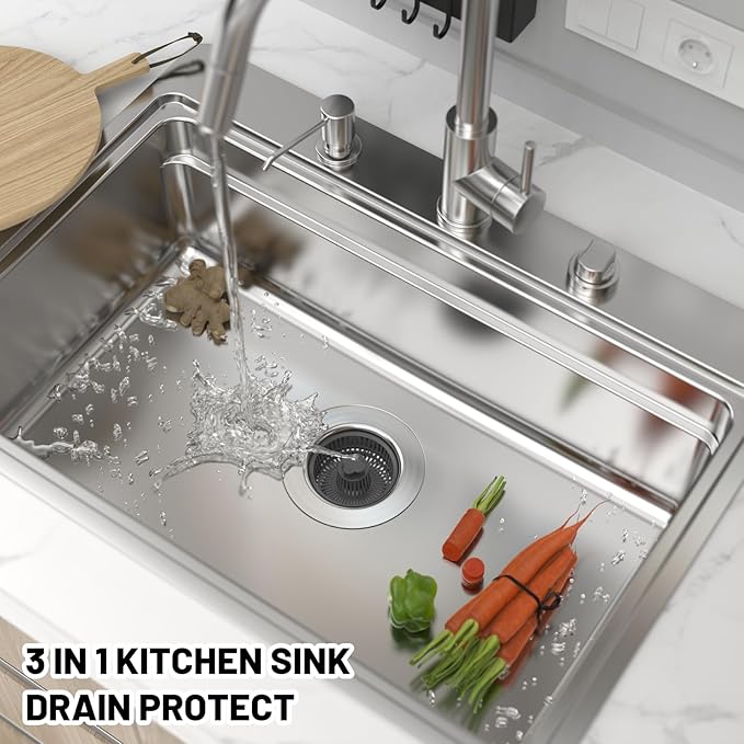 Widened 3 in 1 Kitchen Sink Drain Strainer & Stopper Kit, 304 Stainless Steel Pop Up Kitchen Sink Stopper with Extra Strainer Basket, Fast Drainage Kitchen Sink Plug for US Standard 3-1/2 Inch Drain