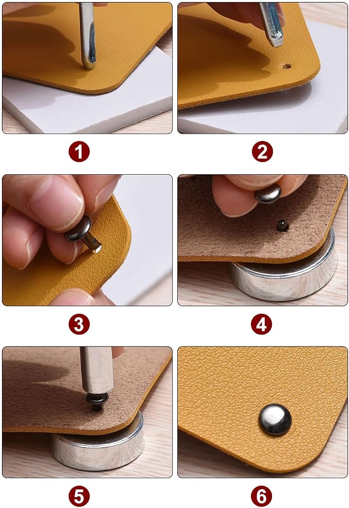HARFINGTON 100 Sets Leather Rivets 6 x 6mm Metal Double Cap Rivet Snaps Studs Fasteners with 3pcs Setting Tools for Leather Craft DIY Repair Decoration, Light Gold Tone