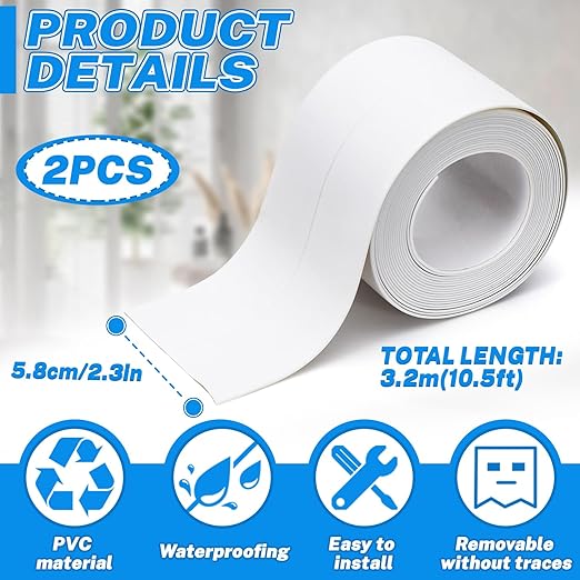 2 Rolls Widened Caulk Tape 2.3''x10.5FT for Stronger Adhesion, Waterproof Self Adhesive Toilet Caulk Strip, White Sealing Caulking Tape for Toilet Base Bathroom Shower Bathtub