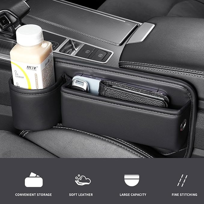 Car Seat Gap Filler, Leather Car Seat Gap Organizer, Automotive Side Seat Storage Box with Cup Holders, Gap Filler for Car, Car Accessories Seat Gap Filler (Driver Seat, Black)