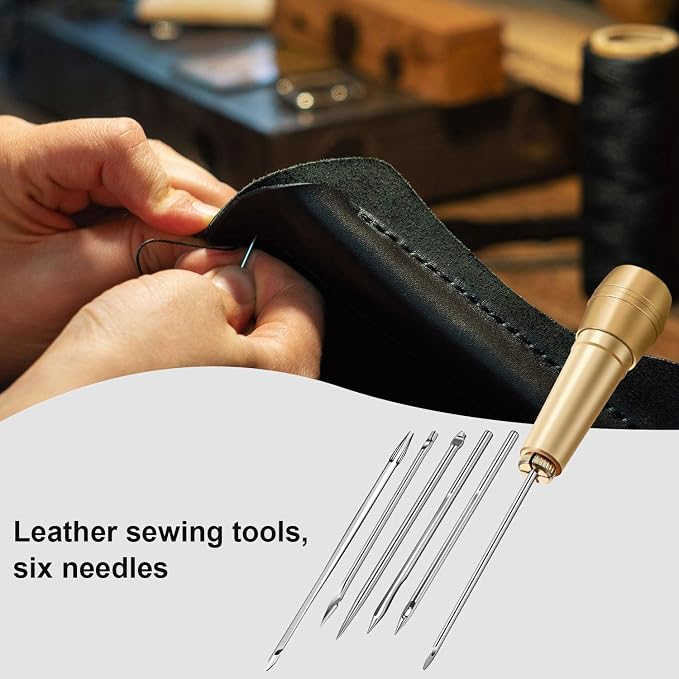 WILLBOND 6 Pieces Leather Sewing Awl Needle with Copper Handle, Upholstery Repair Kit 50 M Nylon Cord Thread and 2 Pieces Thimble for Handmade Leather Sewing Tools Shoes and Repair