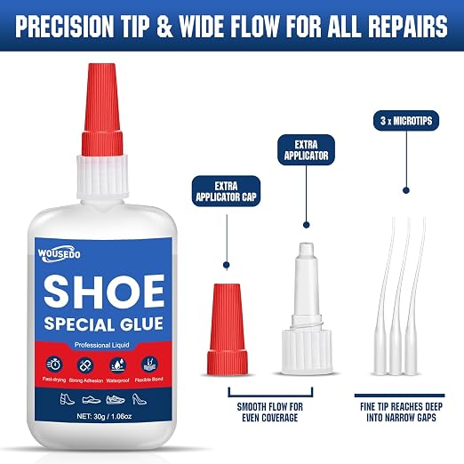 WOUSEDO Shoe Glue 30g, Flexible & Waterproof Instant Adhesive | Quick Dry in Seconds, Heavy Duty Clear Glue for Sole Repair on Sneakers, Boots, Heels, Hiking Shoes, Leather & Rubber