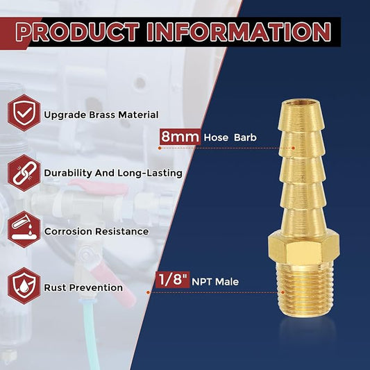 Pack of 2 Brass Hose Barb Fittings Adapter Connector 8mm Hose Barb to 1/8" NPT Male Fittings for Home Machines, Massage Bathtubs, and Irrigation Systems