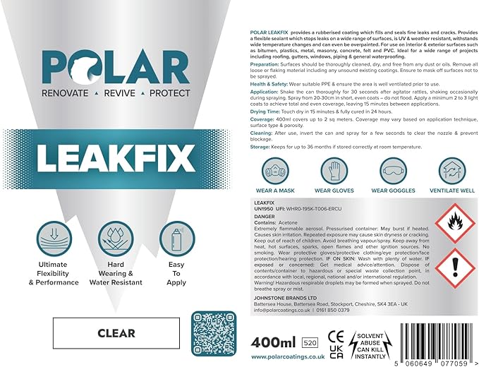 Polar Clear Leak Fix Spray - 4 x 13.5fl. oz - Waterproof Roof Sealant - Instantly Seals Leaks and Cracks, for Lasting Protection on Roofs, Drainpipes & Gutter Repairs- for Interior and Exterior Use