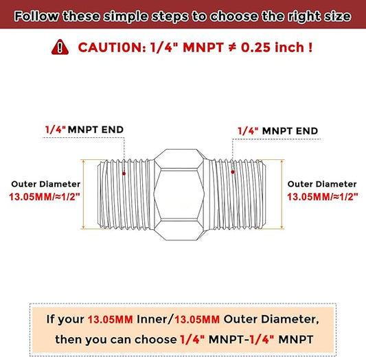 Pack of 10, 1/4" MNPT to 1/4" MNPT Solid Brass Hex Nipple Hose Connectors, Male Pipe Adapter for Pipe Leak Repair, Bathroom Remodeling, Tool Extensions, Compression