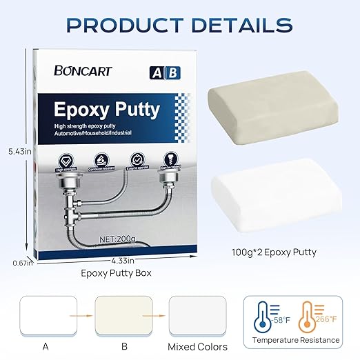 Boncart Epoxy Putty, 200g Fast Repair AB Epoxy Putty, High-Strength Two-Part Filler for Metal, Wood, Tile, Ceramics, Multi-Purpose Sculpt Clay for Bonding, Repairing, Sculpting (White)