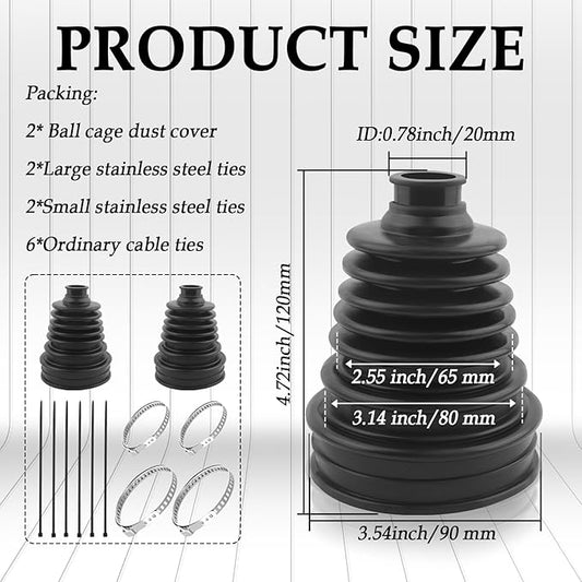 2PCS CV Boot with 4 Stainless Steel Clamps & 6 Cable Ties,Waterproof & Dustproof CV Axle Boot Repair Kit for Protect Axle,Universal CV Joint Boot Fits for Most Cars (2PCS)