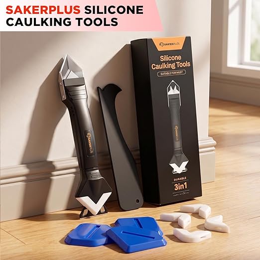 Sakerplus 3-in-1 Silicone Caulking Tools,Caulk Remover Tool and Caulk Finishing Tool Kit with Silicone Smoother,Nozzle Needle for Kitchen Bathroom Window Sink (Classic with Scraper)