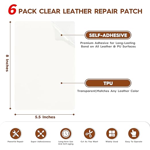 Transparent Leather Repair Patches, 5.5" x 8", 6 Sheets, Self-Adhesive Leather Repair Kit for Furniture, Sofas, Car Seats, Office Chairs and Vinyl Repair.(Transparent)
