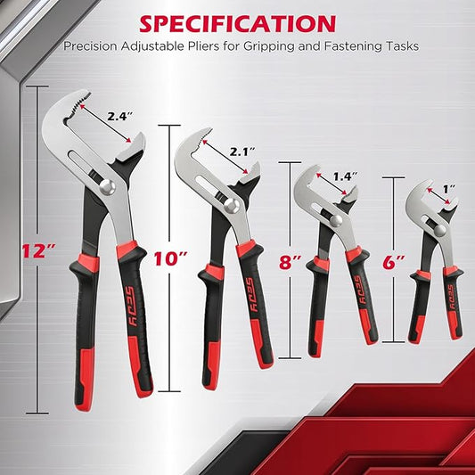 4-Piece Groove Joint Pliers Set, 12" 10" 8" 6" Adjustable Water Pump Pliers with Non-Slip Handles, Straight Jaw Tongue and Groove Pliers for Plumbing, Pipe Fittings, Nuts, Bolts and Home Repair