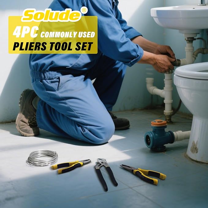4-Piece Pilers Set with10 Inch Groove Joint Pliers, Adjustable Wrench and 6 Inch Long Nose, Lineman's Pliers for Home Use and DIY Project