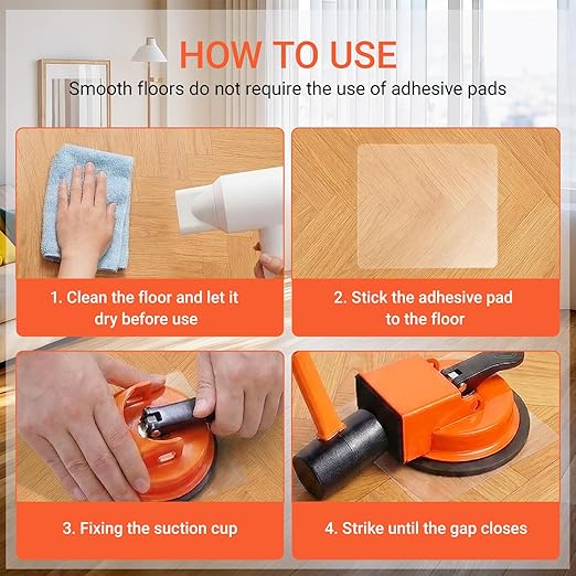 Heavy-Duty Floor Gap Fixer Tool with Robust Rubber Mallet & 5 PCS Reusable Nano Adhesive Pads – High-Grip Pro Suction Cup Repair Kit for Laminate & Vinyl Plank, Ideal for Gap Filling