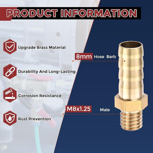 Pack of 6 Brass Hose Barb Fittings Adapter Connector 8mm Hose Barb to M8x1.25 Male Fittings for Home Machines, Massage Bathtubs, and Irrigation Systems