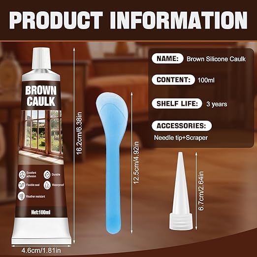 Brown Silicone Caulk, Brown Caulking for Wood Waterproof Durable Strong Elastic Excellent Sealing Ability for Doors Windows Walls Furniture, 100ml