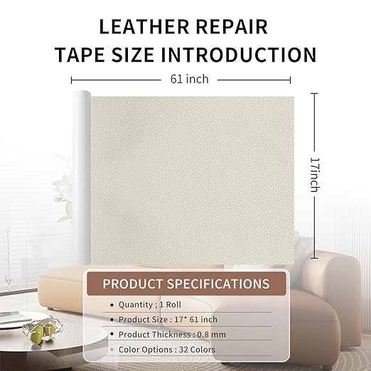 Leather Repair Patch Tape, Ivory 17 x 61 Inches Self Adhesive Leather Repair Kit for Furniture, Car Seat,Vinyl Leather Repair Kit for Office Chairs, Bags, Luggage