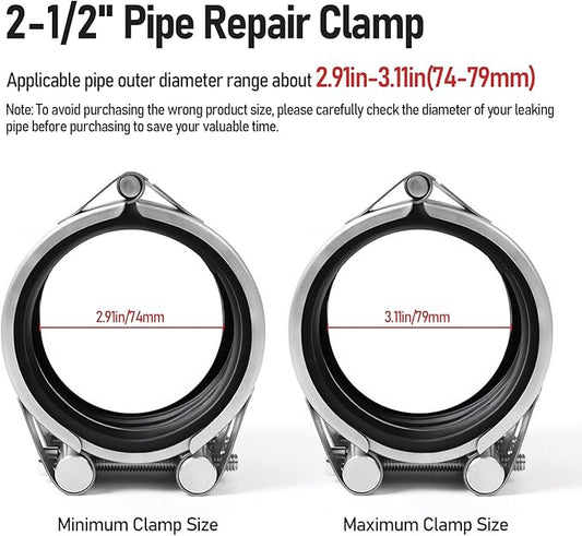 Upgraded Pipe Repair Clamp with M1 Self-Adhesive Leak-Sealing Tape | 304 Stainless Steel Rust-Proof Emergency Pipe Repair Kit for Plastic & Metal Pipes, 2-1/2"(74-79mm)