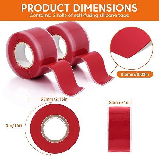 2 Rolls Self Fusing Silicone Tape - 1in(W) X 10ft(L) Waterproof Tape, Water Leak Seal, Plumbing Hose Repair, Rubber Tape for Cable Winding Insulating, Red