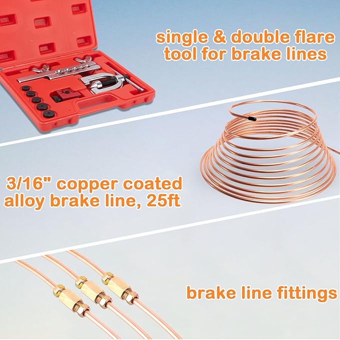 3/16" Brake Line Repair Kit - Double & Single Brake Line Flaring Tool Kit 1/4" 5/16" (with Tube Cutter & 5 Adapters) + 25Ft Copper Coated Brake Line (with 4 Unions & 16 Fittings) + Brake Line Bender
