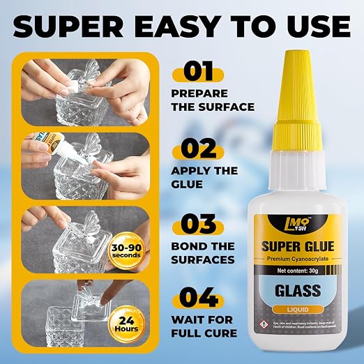 Glass Super Glue Liquid, Clear Instant Cyanoacrylate Adhesives for Glass Repair, All Purpose CA Glue for Ceramic Crystal Jewelry Mirror Plastic Model Metal Wood Pottery Porcelain Stone, Thin