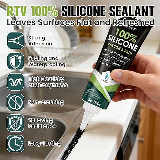 RTV Silicone Sealant - 100% Silicone, Waterproof, Strong Adhesion, Flexible & Durable, Heat & Cold Resistant, Ideal for Car, Kitchen, Bathroom, Window & Door Sealing(Black,150g)