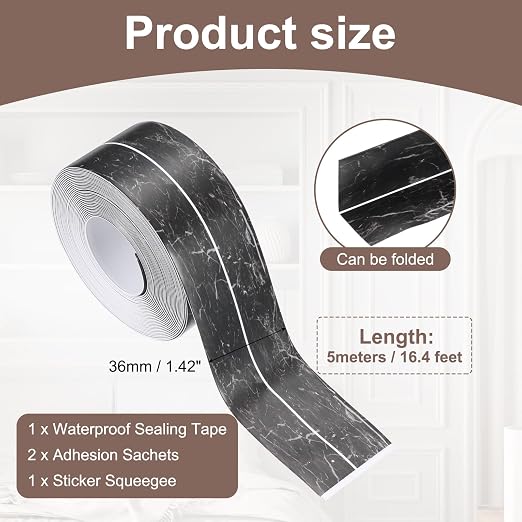 uxcell Caulk Tape Waterproof, 1.42 Inch x 16.4 ft Self-Adhesive Sealant Sealing Strip Caulking Sealant Tape PVC with Tool for Kitchen Sink Toilet Bathroom Bathtub Floor, Black Marble