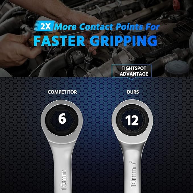 DISEN Double Box End Ratcheting Wrench Set Metric 6-Piece, 8mm-19mm, 72-Tooth Ratchet Wrench Box End with Rolling Pouch, Chrome Vanadium Steel