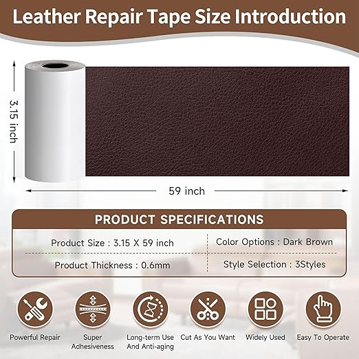 Dark Brown Leather Repair Tape, 3.15" x 59" Heavy Duty Vinyl Repair Patch, Waterproof Self Adhesive Leather Repair Kit for Fixing Holes & Scratches on Couch, Car Seat, Furniture