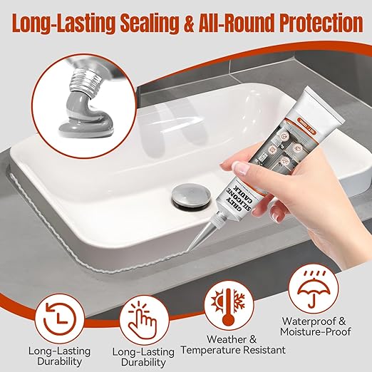 Gray Caulk, No Shrinkage or Cracking, Waterproof Gray Silicone Caulk for Bathroom, Kitchen, Shower, Bathtub, Toilet, Sink, Window and Door, with Masking Tape, 100ml
