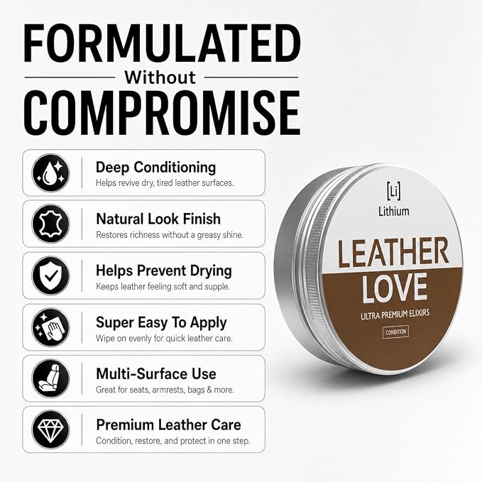 Lithium Leather Love Car Leather Cleaner and Conditioner - Deep Hydrating All Natural Premium Care For Car Interior that Restores, Rehydrates and Protects (8oz)