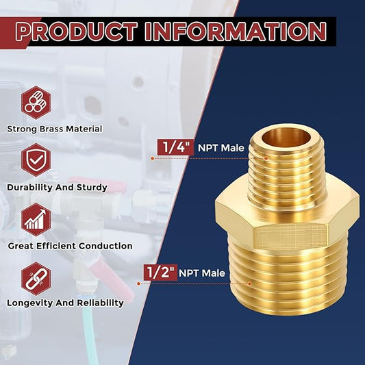 Pack of 4, 1/2" MNPT to 1/4" MNPT Solid Brass Hex Nipple Hose Connectors, Male Pipe Adapter for Pipe Leak Repair, Bathroom Remodeling, Tool Extensions, Compression