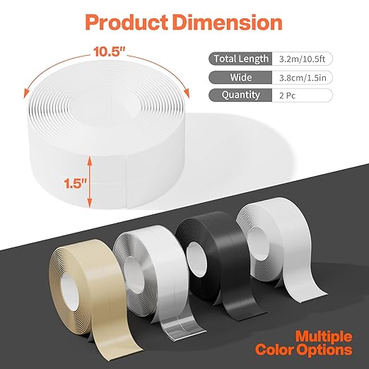 Dstorelhp 2 Rolls White Caulk Tape Waterproof Self Adhesive, Bathroom Peel and Stick Caulking Tape for Toilet Tub Shower Wall Trim, Easy to Install (1.5" x 10.5Ft)