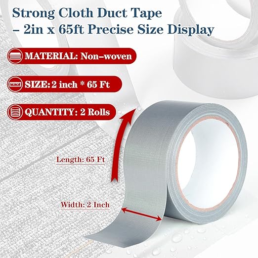 2-Pack Multipurpose Strong Cloth Duct Tape,2IN×22yd Duct Tape Heavy Duty Waterproof Silver Easy Tear, High Adhesion for Indoor/Outdoor Repairs, DIY, Packaging