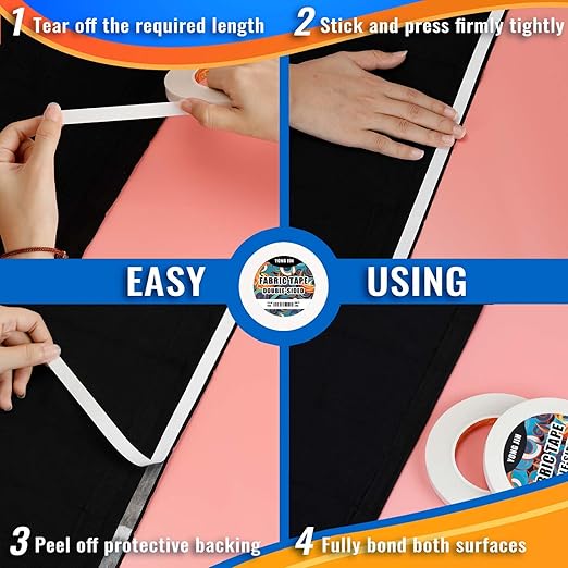 YONGJIN Double-Sided Fabric Tape (2 Rolls) - No Sewing or Ironing Required, Perfect for Quick Clothing Repairs, Fabric Bonding, Adhesive Cloth Tape for Hemming and DIY Crafts (1/4inch+1/2inch)