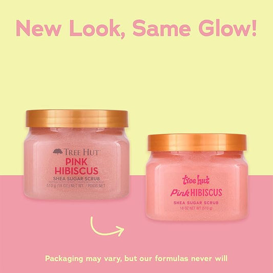 Tree Hut Pink Hibiscus Shea Sugar Scrub, Exfoliating, Hydrating & Moisturizing Body Scrub with Shea Butter & Nourishing Essential Oils, Smooth & Soften Skin, 18 oz