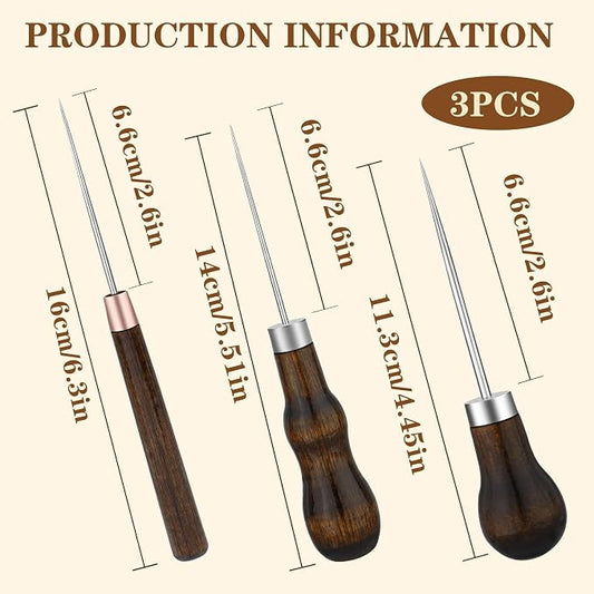 ZXIIXZ 3 Pack Leather Scratch Awl Tool, Awl Tool Sewing with Gourd Shape Wooden Handle for Stitching Punching Sewing, Scratch Awl Tool Supplies for DIY Leather Sewing Punching Craft Repair