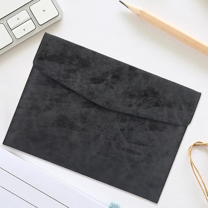 A4 PU Leather File Holder Document Folder Black Thin Waterproof Portfolio Filing Envelope Oragnizer Pocket Storage Case with Snap Closure for Receipt Contract Stationery Tablet