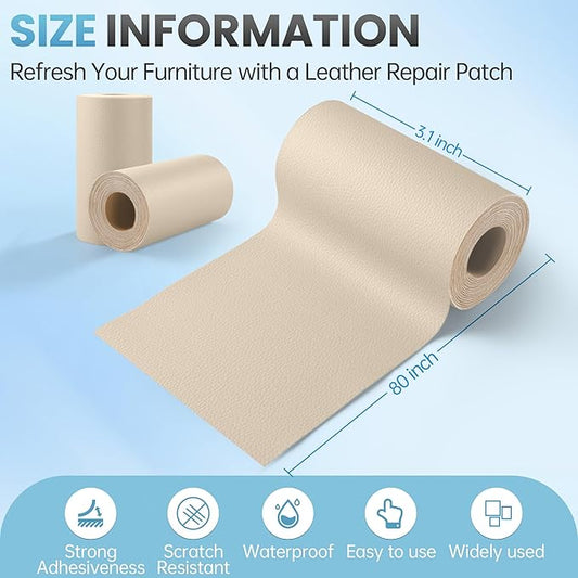 Leather Repair Patch Tape Kit, 3" x 80" Self Adhesive Leather Repair Patch for Furniture, Vinyl Kit for Car Seat, Chairs, Couch, Sofa, Boat Light Beige