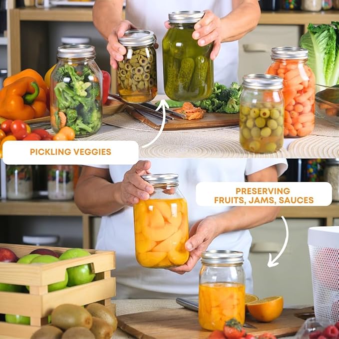 FastRack 16 oz Regular Mouth Mason Jars (Pack of 6) with Airtight Metal Lids | Pint Glass Canning Jars for Food Storage, Fermentation & Pickling | Clear Glass Canisters